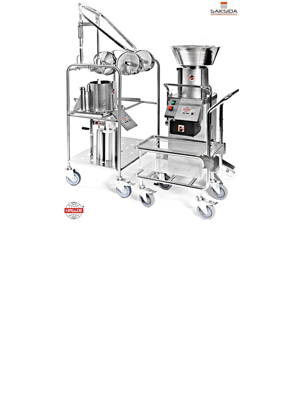 Aparat za obdelovanje zelenjave RG400 Hallde je lahko opremljen s številnimi diski za rezanje ribanje in strganje zelenjave (možno obdelovati zelenjavo velikosti celotne zeljne glave brez predhodnega rezanja na manjše kose).