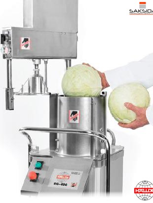 Aparat za obdelovanje zelenjave RG400 Hallde je lahko opremljen s pneumatskim potiskačem, kar omogoča teoretično obdelavo 15kg zelenjave na minuto.